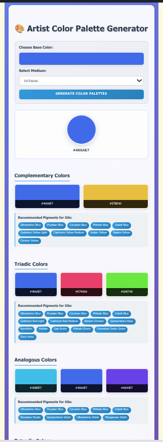 Color Palette Generator for Artists: Master Color Theory with Our Interactive Tool 3 Interactive color palette generator tool showing five different color harmony schemes with hex codes and pigment recommendations for artists