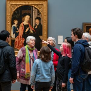 Visitors studying the Arnolfini Portrait