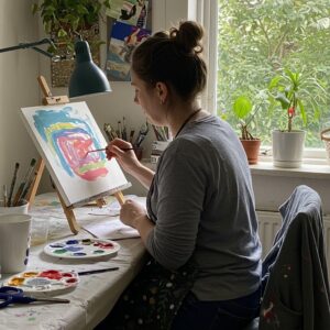 Person enjoying abstract painting for stress relief and art therapy in relaxing environment