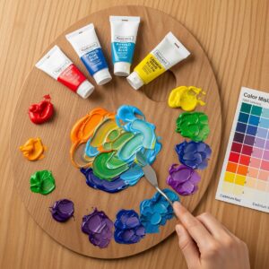 Acrylic paint color mixing chart printable with palette knife demonstration showing proper mixing ratios