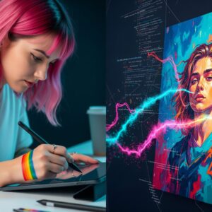 Contemporary artist using AI software to create digital paintings, showing the collaborative process between human creativity and machine learning algorithms in 2025"