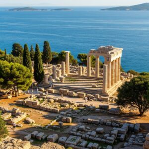 Mediterranean ancient ruins with dramatic coastal views perfect for historical site landscape painting reference