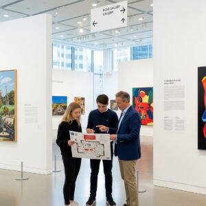 Art gallery weekend visit showing visitors planning their route through contemporary art museum exhibitions