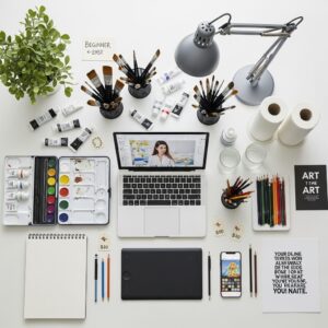 Essential art supplies for beginners taking free online art courses with organized workspace