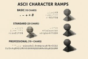 Improve ASCII Art Quality: Tips to Get Better Results from Your ASCII Art Generator 5 ASCII character ramp selection guide showing different character sets for improved art quality