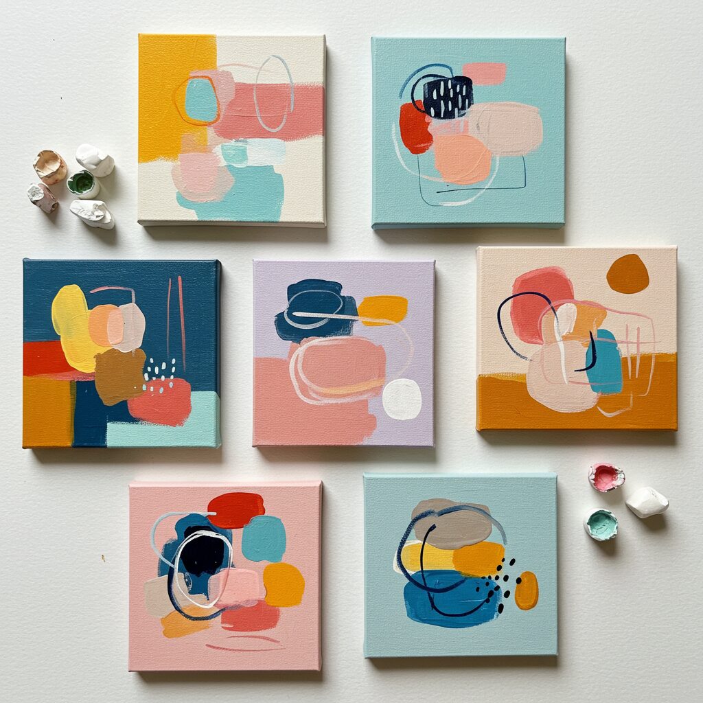 Collection of beginner-friendly abstract paintings showing various fun techniques and colorful styles