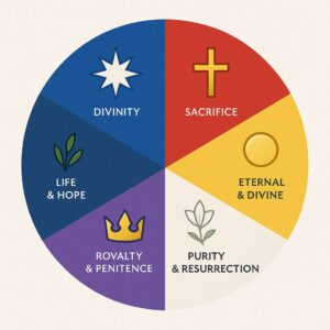 Religious Symbolism in Art: A Beginner's Guide to Unpacking Meaning 4 Color symbolism in religious art showing blue for divinity, red for sacrifice, gold for eternal, white for purity in Christian iconography