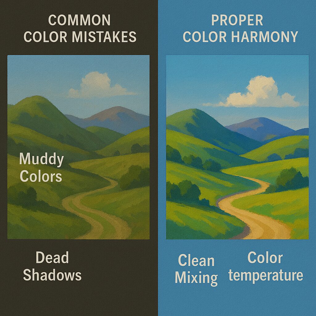 Color Palette Generator for Artists: Master Color Theory with Our Interactive Tool 7 Side-by-side comparison of landscape painting showing common color mistakes versus proper color harmony techniques