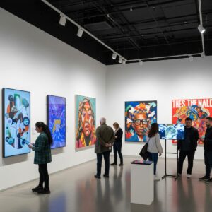 Modern art gallery showcasing contemporary paintings from 2025, featuring diverse artistic styles from digital art to traditional mixed media works