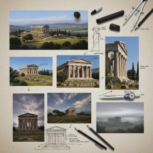 Multiple composition sketches showing dramatic historical settings with ancient ruins and natural landscapes