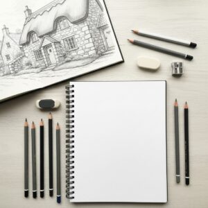 Drawing for Beginners Basics: Your Ultimate Guide to Getting Started 3 A neat flat lay of essential drawing supplies for beginners, including graphite pencils, a sketchbook, an eraser, and a sharpener, against a neutral background.