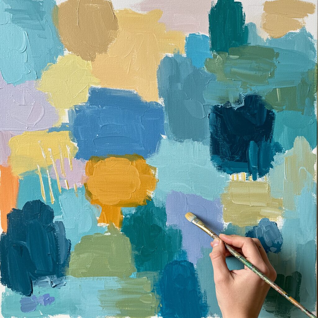 Easy abstract painting techniques showing brush strokes and texture creation for stress relief art