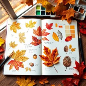 Fall nature journal prompts showing seasonal color studies, leaf collection techniques, and autumn observation methods