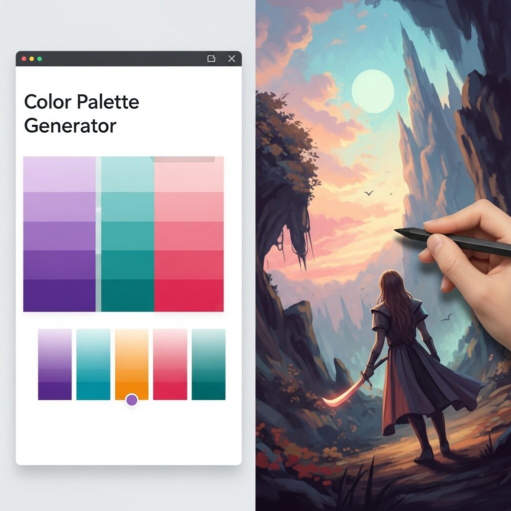 50 Free Tools for Artists in 2025: Your Complete Guide to Creating Art Without Breaking the Bank 6 A digital artist using a free color palette generator on a computer screen, with a beautiful and harmonious color scheme displayed next to a digital painting.