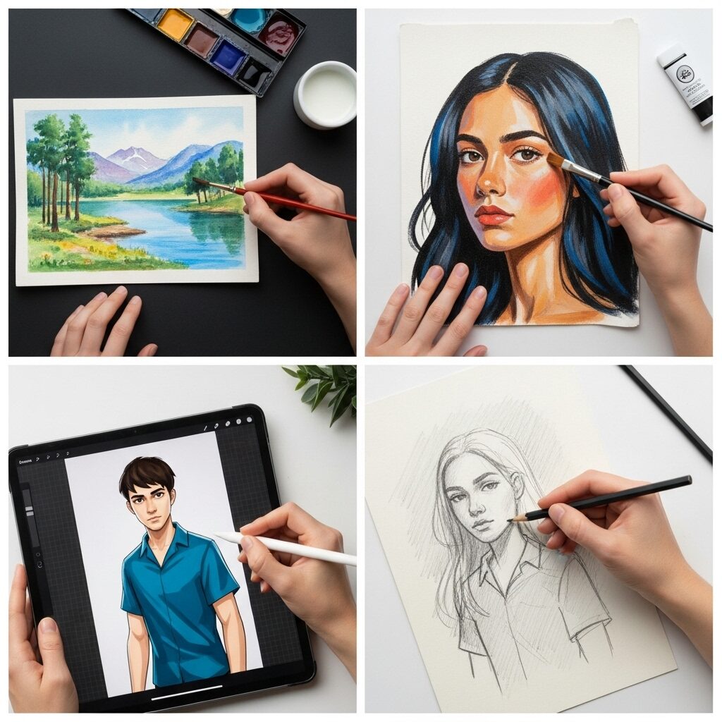 Art student's portfolio showing progression from beginner sketches to advanced paintings through free online courses