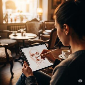 50 Free Tools for Artists in 2025: Your Complete Guide to Creating Art Without Breaking the Bank 4 An artist sketching a portrait on a tablet while sittng in a bright, airy café,
demonstrating the portability of free drawing apps for iPad and Android.