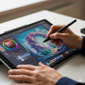 50 Free Tools for Artists in 2025: Your Complete Guide to Creating Art Without Breaking the Bank 3 A digital painting of a vibrant landscape being created on a tablet using free tools for artists, showcasing the software's interface and brush capabilities.
