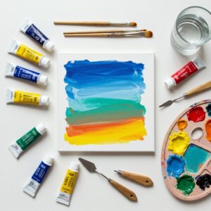 Fun abstract painting supplies including acrylic paints, brushes, and canvas as Art for Relaxation activities