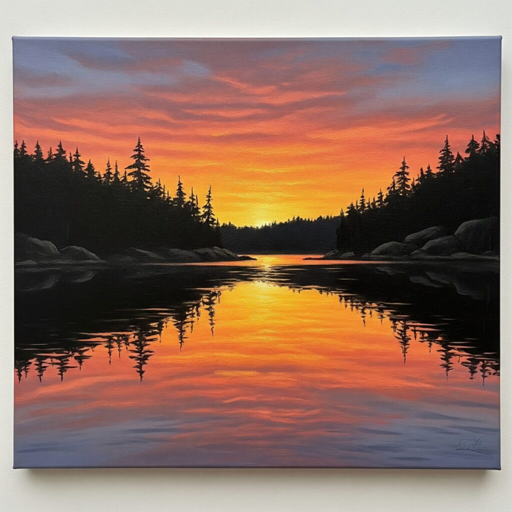 Finished painting of a lake reflecting golden hour sky with deep shadows and warm tones