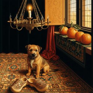 Hidden symbolism in paintings - close-up of symbolic objects in Van Eyck's Arnolfini Portrait including dog, candle, and oranges