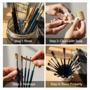 Step by step guide showing how to clean and maintain paint brushes including proper washing drying and storage techniques