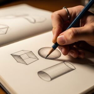 Drawing for Beginners Basics: Your Ultimate Guide to Getting Started 4 A hand sketching basic geometric shapes like cubes, spheres, and cylinders on a sketchbook page, demonstrating foundational drawing skills for beginners.