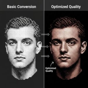 Improve ASCII Art Quality: Tips to Get Better Results from Your ASCII Art Generator 3 Improve ASCII Art Quality: showing character density comparison between low and high detail settings