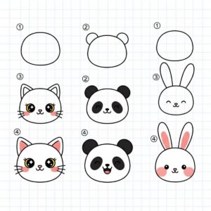 50+ Cute Easy Drawings Anyone Can Do (Step-by-Step Fun) 5 Easy kawaii animal drawings tutorial showing step-by-step process for cute cat, panda and bunny