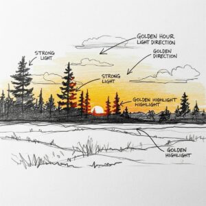 “Preliminary landscape painting sketch showing golden hour light direction and shadows