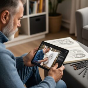 Drawing for Beginners Basics: Your Ultimate Guide to Getting Started 7 A person viewing an online drawing tutorial on a tablet or laptop, with a sketchbook and pencils nearby, symbolizing online resources for learning drawing basics for beginners.