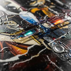 Contemporary mixed media painting combining traditional acrylic paints with digital elements and found objects, demonstrating modern artistic techniques