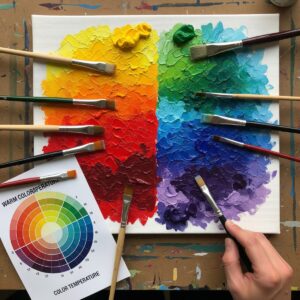 Oil paint color mixing chart printable featuring brush blending techniques and color temperature guide