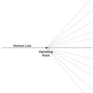 One point perspective drawing setup showing vanishing point and horizon line with construction lines