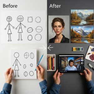 Art student's portfolio showing progression from beginner sketches to advanced paintings through free online courses