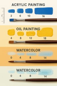 Paint brush size chart showing different brush numbers from 0 to 20 with examples of acrylic oil and watercolor painting applications