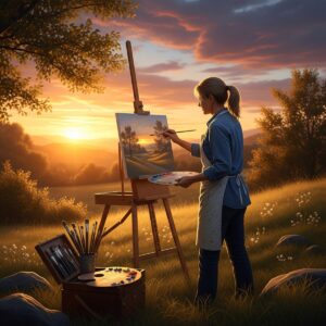 Outdoor painter capturing golden hour landscape in oil or acrylic medium at sunset