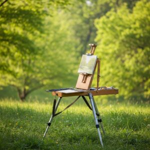 Plein Air Art Painting Tips Through the Seasons: Your Complete Year-Round Outdoor Painting Guide 3 Plein Air Art Painting Tips: Artist's portable easel set up outdoors in a vibrant spring landscape with fresh green trees and soft morning light, showcasing plein air art painting tips for spring