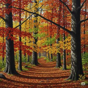 Art Styles Explained: How Different Art Styles Depict the Seasons 5 Realistic autumn forest painting demonstrating art styles explained through detailed foliage and precise seasonal color rendering