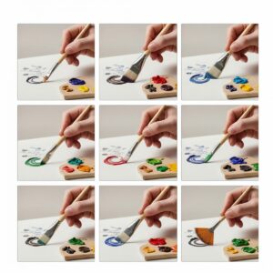 Round flat filbert angular and fan brush shapes demonstrating specific painting techniques and brush stroke effects for artists