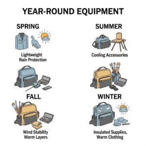 Plein Air Art Painting Tips Through the Seasons: Your Complete Year-Round Outdoor Painting Guide 7 Side-by-side comparison of plein air painting equipment adapted for different seasons: spring, summer, fall, and winter, illustrating a year-round equipment guide.