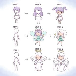 50+ Cute Easy Drawings Anyone Can Do (Step-by-Step Fun) 3 Simple cute character drawings showing easy cartoon people, fairy and angel with step-by-step guides