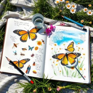 Summer nature journal activities featuring wildlife observation sketches, insect studies, and botanical art techniques