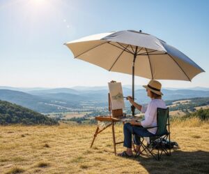 Plein Air Art Painting Tips Through the Seasons: Your Complete Year-Round Outdoor Painting Guide 4 Plein air artist under a large shade umbrella, painting a summer landscape, demonstrating hot weather painting solutions and summer plein air painting techniques
