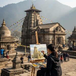 Plein air artist painting at UNESCO world heritage site with ancient temple ruins and mountain backdrop