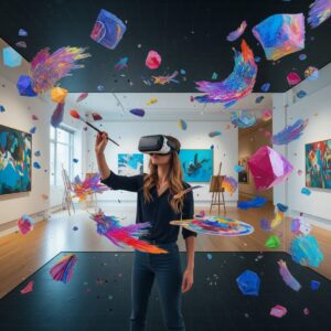 Artist creating contemporary paintings in virtual reality space, demonstrating how VR technology is revolutionizing traditional painting methods