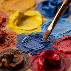 Artist’s palette with warm colors such as cadmium yellow, burnt sienna, and ultramarine