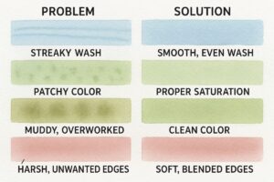 Common watercolor wash problems including streaky results and poor water control with solutions