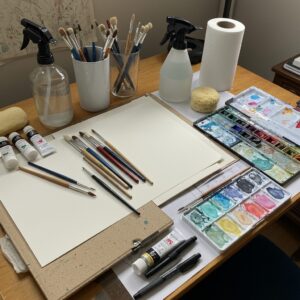Essential watercolor wash tools including brushes, paper, and water containers for proper technique