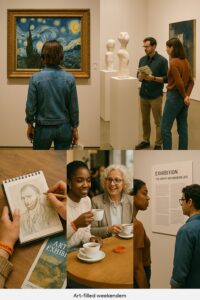 Weekend art lover experiencing multiple gallery visits and museum exhibitions during planned cultural getaway weekend trip