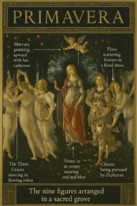 Botticelli Primavera meaning diagram showing Venus, Three Graces, Flora, and Mercury with symbolic interpretations